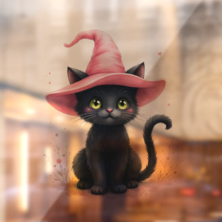 Vinilos Para Cristales Gato negro lindo con sombrero de bruja rosa de Hal