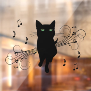 Vinilos Para Cristales Gato negro rodeado de notas susurrantes de música