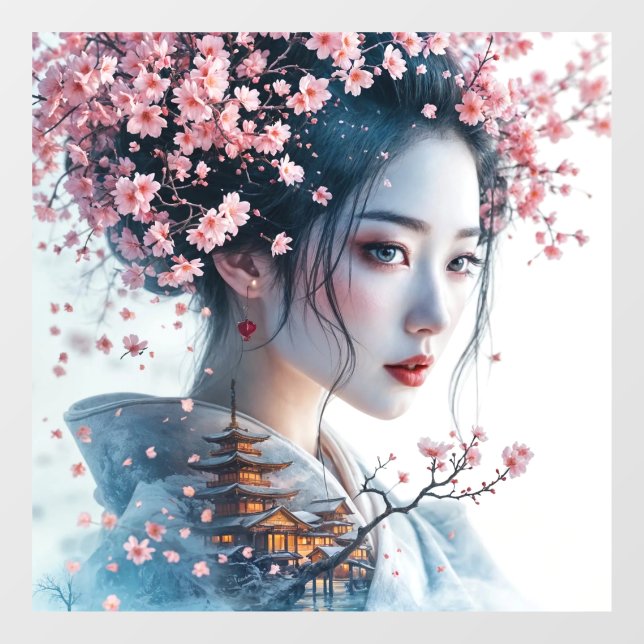 Vinilos Para Cristales  Geisha portrait, cherry blossoms, Japanese art, (Hoja)