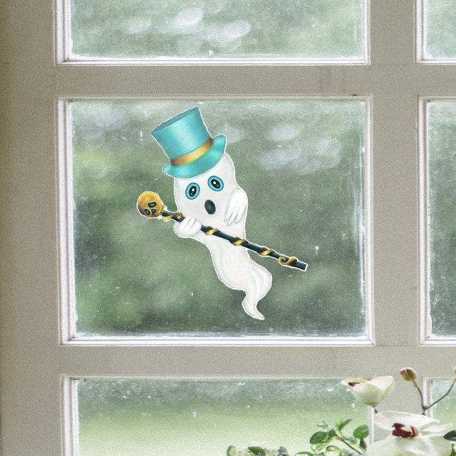 Vinilos Para Cristales Ghost Blue Eyes Top Hat Ornate Cane Gold Skull (Cute blue eyed ghost wearing top hat holding black cane with gold skull on Halloween window cling.)