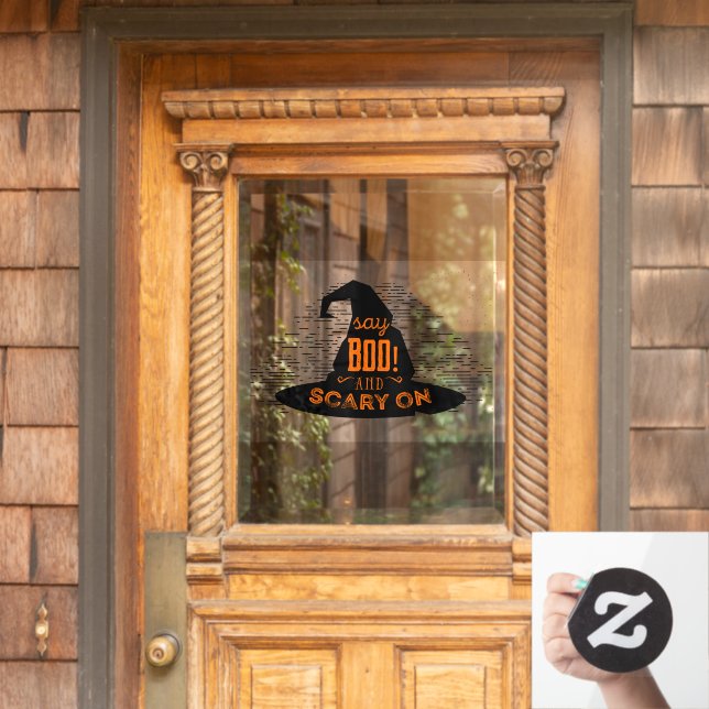 Vinilos Para Cristales Gorra de brujas dice boo y miedo en Halloween (Puerta de casa)