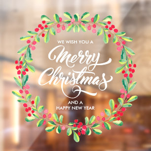 Vinilos Para Cristales Greenery Berries Wreath Merry Christmas 