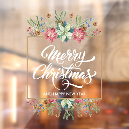 Vinilos Para Cristales Greenery Pines Poinsettias Feliz Navidad