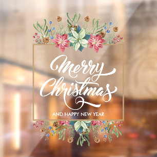 Vinilos Para Cristales Greenery Pines Poinsettias Feliz Navidad