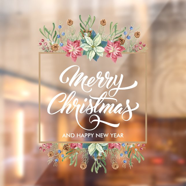 Vinilos Para Cristales Greenery Pines Poinsettias Feliz Navidad (Hoja 2)