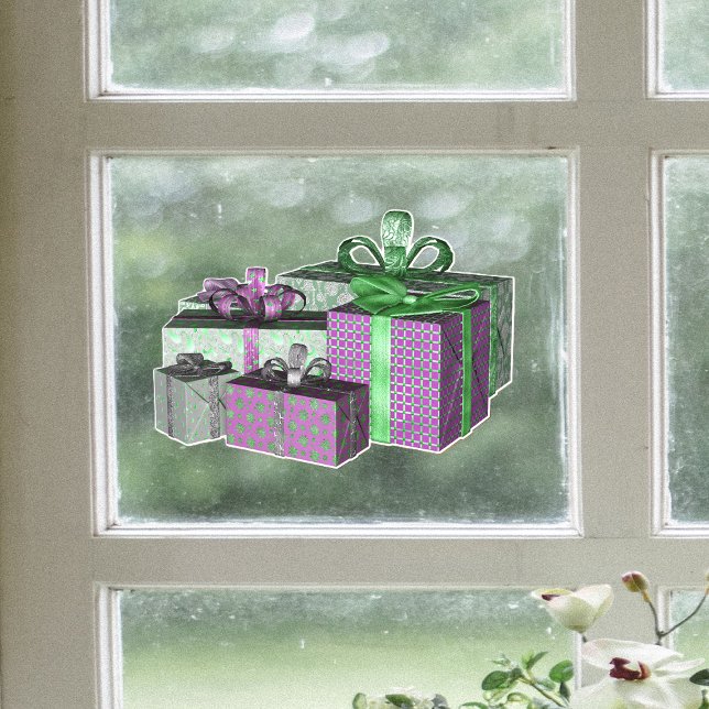 Vinilos Para Cristales Group Shiny Wrapped Christmas Present Green Purple (Group Christmas shiny presents green and purple wrapping paper with bows on window cling decoration.)