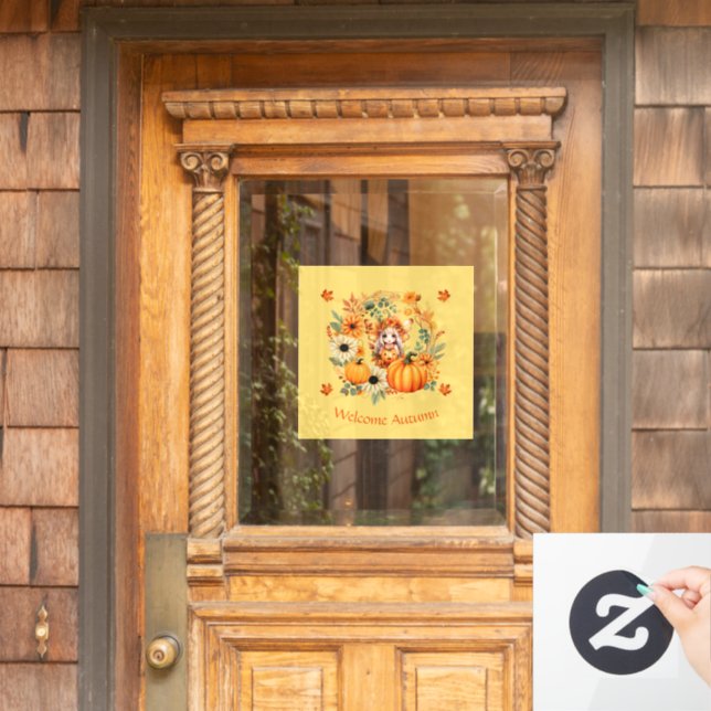 Vinilos Para Cristales Hada de calabaza linda en corona de otoño (Puerta de casa)