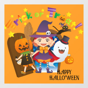 Vinilos Para Cristales Halloween Cute Spooky Whimsical Witch Naranja