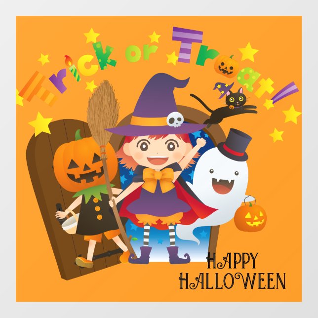 Vinilos Para Cristales Halloween Cute Spooky Whimsical Witch Naranja (Hoja)