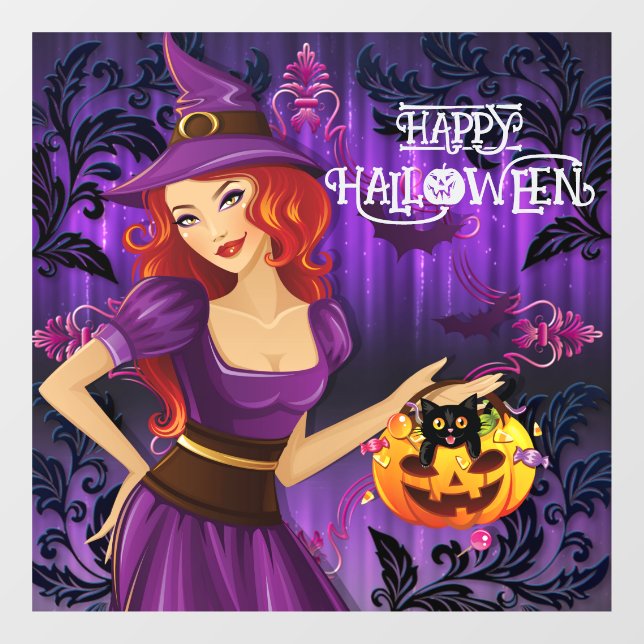 Vinilos Para Cristales Halloween Cute Spooky Whimsical Witch Purple (Hoja)