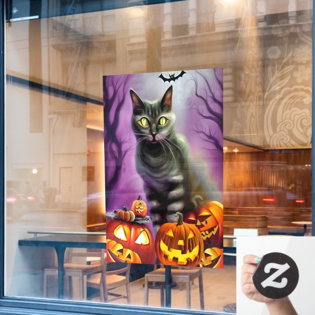 Vinilos Para Cristales Halloween del gato negro y las calabazas (Ventana de cafetería)