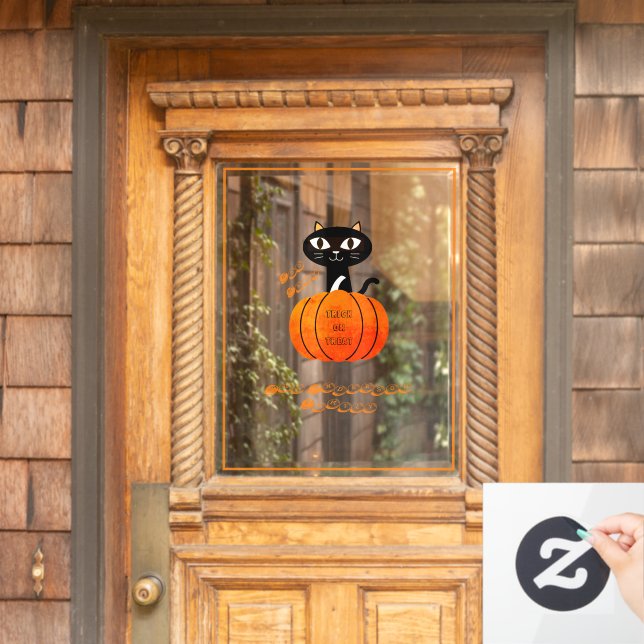 Vinilos Para Cristales Halloween: Trick de calabaza de gato negro naranja (Puerta de casa)