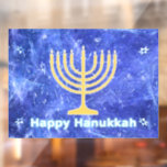 Vinilos Para Cristales Hanukkah Snowstorm Menorah<br><div class="desc">Un oro brillante Hanukkah menorah y un texto que dice "Feliz Hanukkah" en azul brillante y blanco superpuesto a una imagen fractal azul y blanco que recuerda a copos de nieve en una tormenta. ¡Chag Sameach!</div>