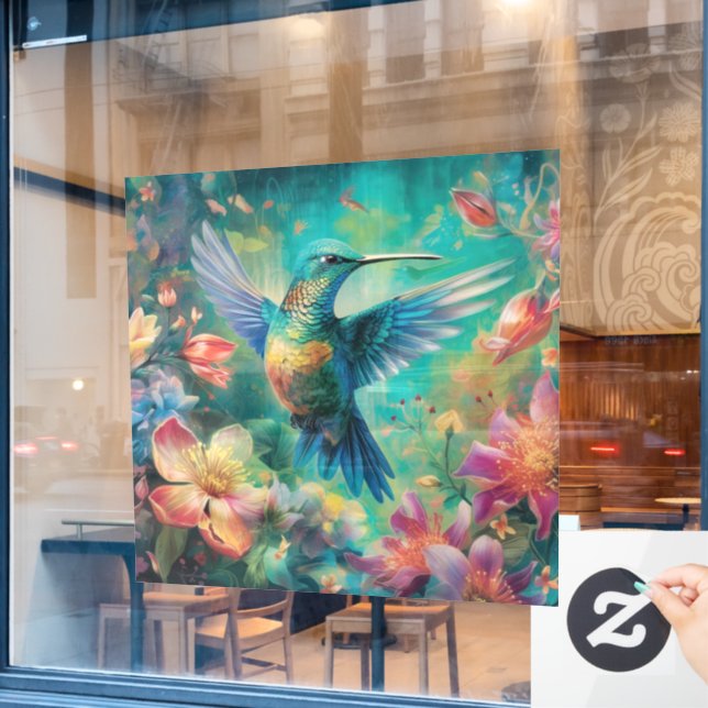 Vinilos Para Cristales Hermoso colibrí rodeado de flores (Ventana de cafetería)