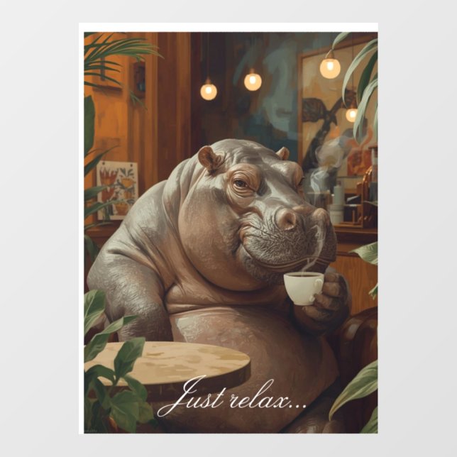 Vinilos Para Cristales Hippo drinks coffee. Surreal style (Hoja)