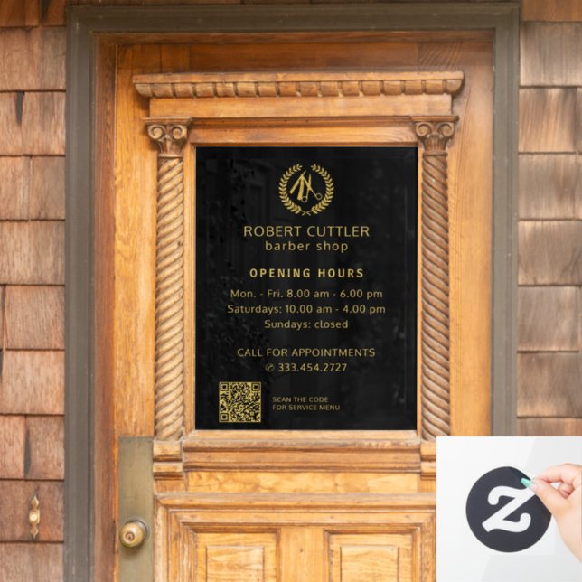 Vinilos Para Cristales Horario de apertura de barbería código QR de logo  (Puerta de casa)