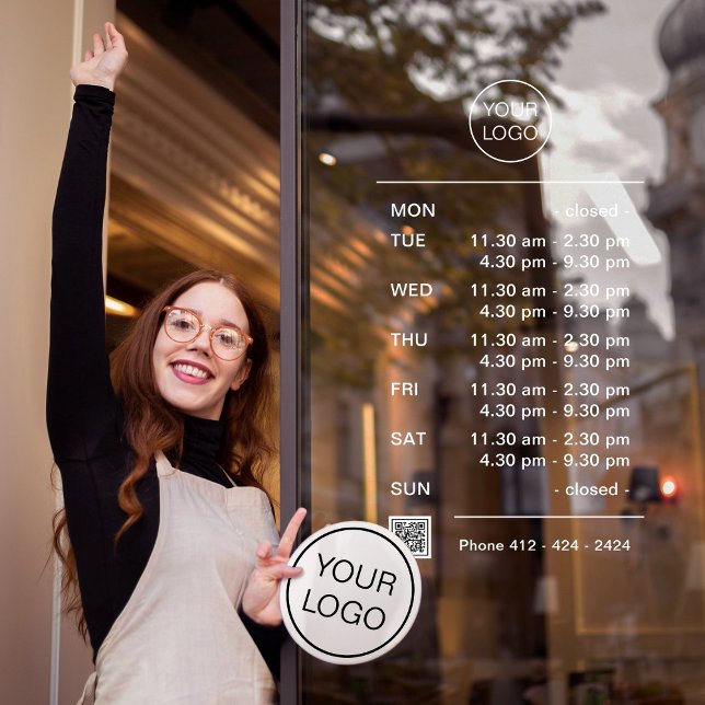 Vinilos Para Cristales Horario de apertura de negocios modernos con códig (Corporate design window cling template with opening hours with break, logo, QR code, phone number.)