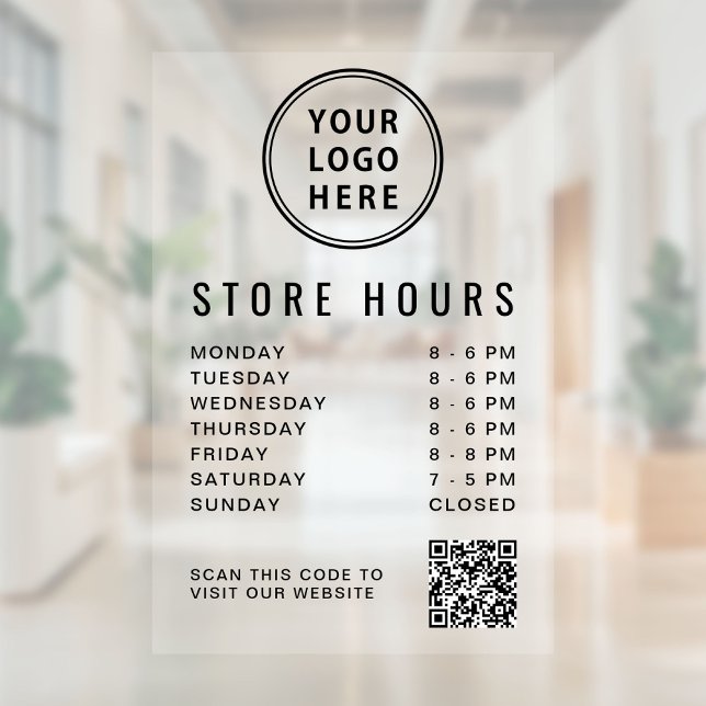 Vinilos Para Cristales Horario de Negocio Logo Código QR (Business Hours Logo QR Code Window Cling)