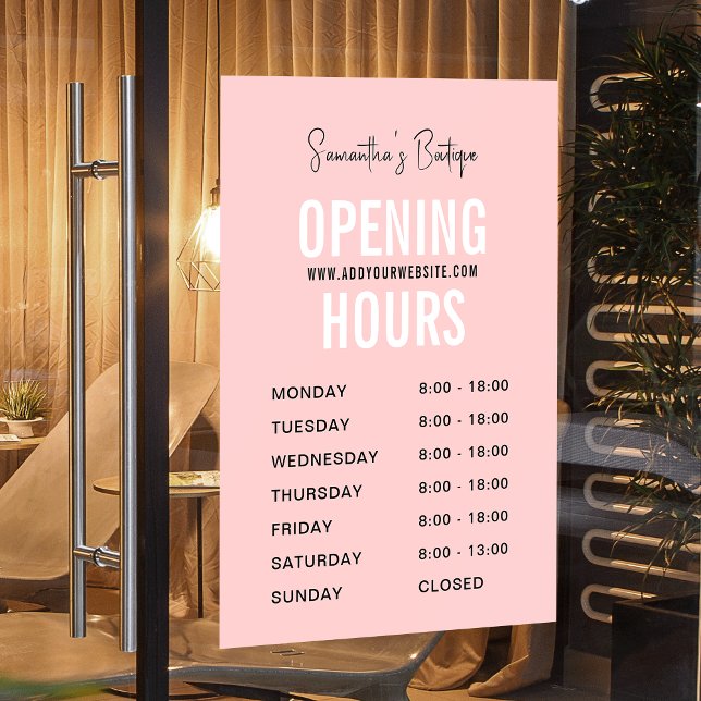 Vinilos Para Cristales Horas de apertura de boutique simple rosa moderna (Modern blush pink opening hours window cling sign with fully editable text and colors)