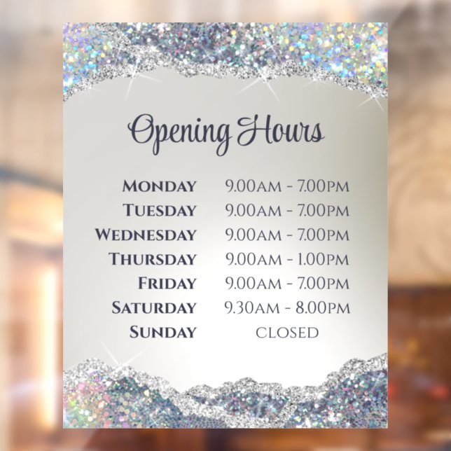 Vinilos Para Cristales Horas de apertura de lámina de purpurina plateada  (Hoja 2)