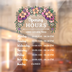 Vinilos Para Cristales Horas de apertura de negocio floral rosa y púrpura