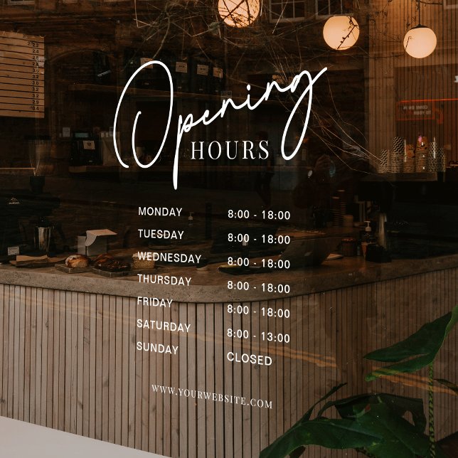 Vinilos Para Cristales Horas de apertura de negocios en blanco: sencillo  (Modern business opening hours sign with transparent background and white text)