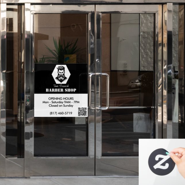Vinilos Para Cristales Horas de apertura en blanco y negro de la Barbería (Puerta de oficina)
