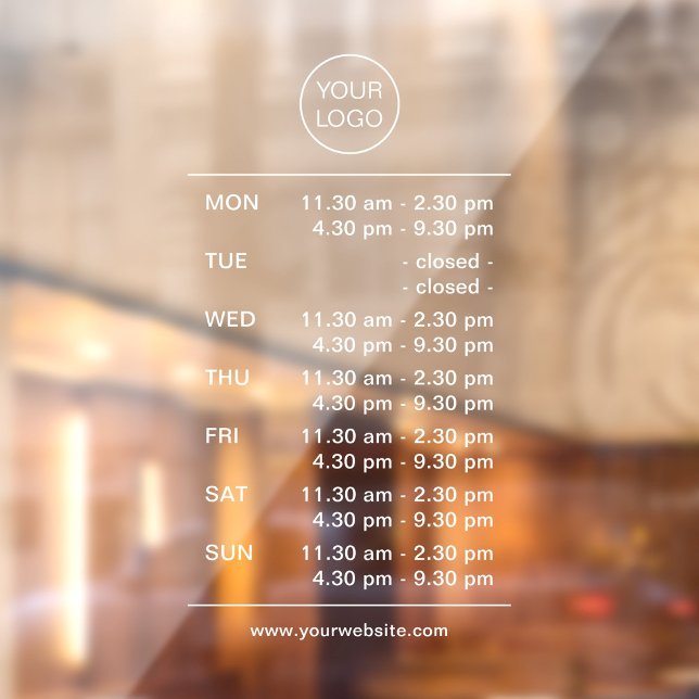 Vinilos Para Cristales Horas de apertura múltiples blancas modernas simpl (Simple, modern multiple business opening hours window decal. Opening times window cling with logo.)