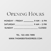 Horas de apertura: teléfono y sitio de texto negro