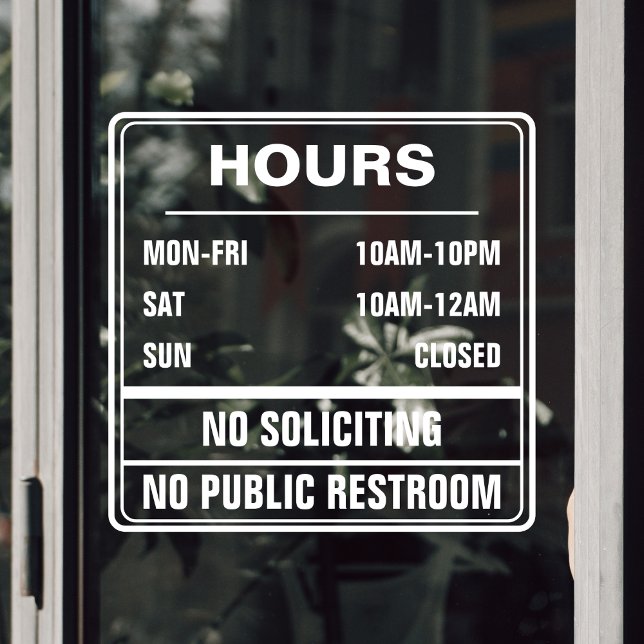 Vinilos Para Cristales Horas de funcionamiento sin solicitar baño público (hours of operation transparent door sticker with no public restroom and no soliciting text)
