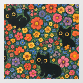 Vinilos Para Cristales Kawaii Garden Art | Cute Black Cat Floral Pattern