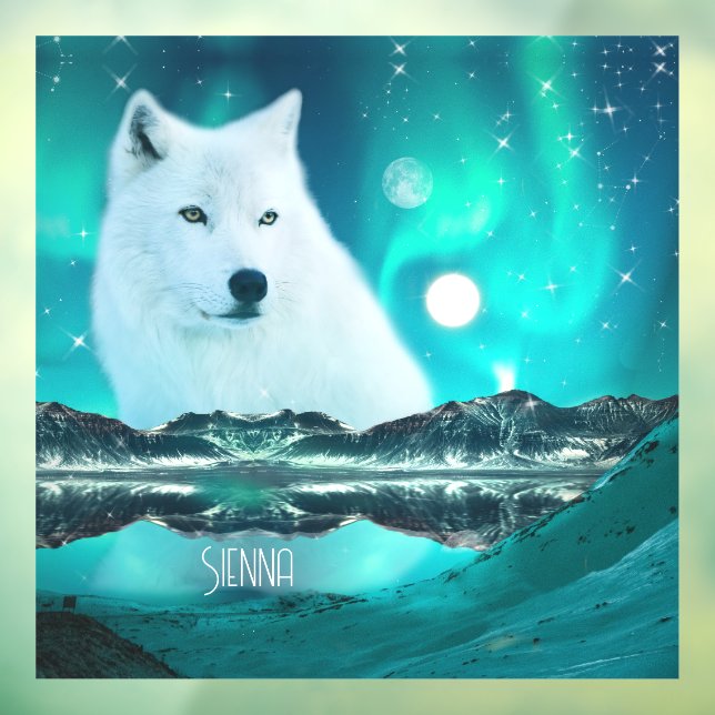 Vinilos Para Cristales Lobo ártico y noche mágica con luces del norte (Hoja 3)