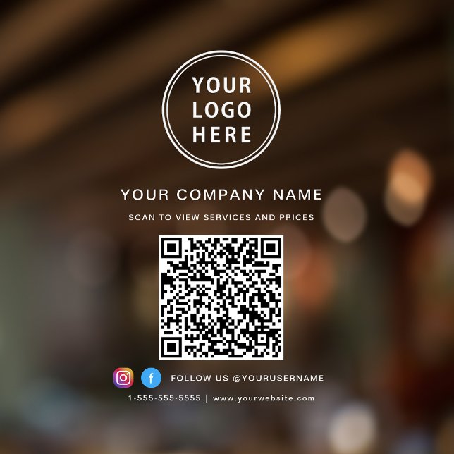 Vinilos Para Cristales Logotipo comercial Código QR Medios sociales Blanc (Elevate your business with a custom logo, QR code and social media window cling sign)