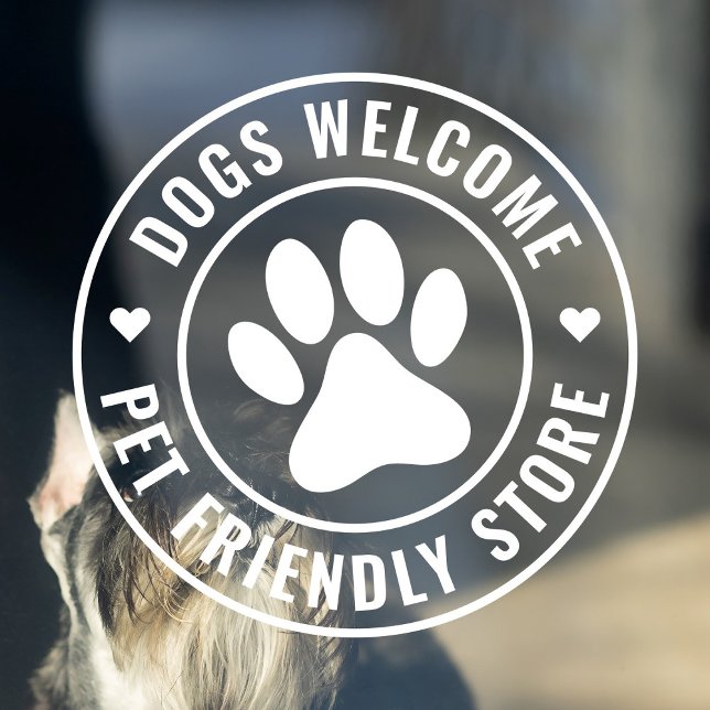 Vinilos Para Cristales Moderno Perros Blancos Bienvenidos Mascota Friendl (Modern, minimalist round window cling for dog-loving shop owners in white with pet paw logo.)