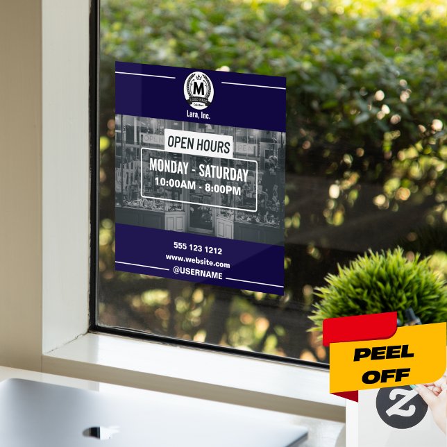 Vinilos Para Cristales Monocromo blanco grisáceo Simple Horas Abiertas Ti (Minimalist Navy & White Open Hours Window Clings & Frames)