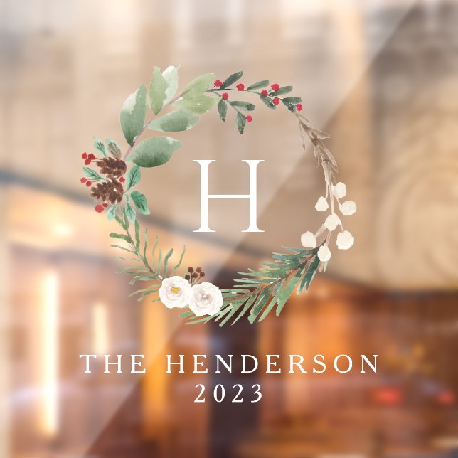 Vinilos Para Cristales Monograma de la familia Wreath Navidades de acuare (Hoja 2)