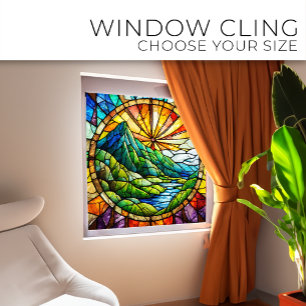 Vinilos Para Cristales Montaña verde y arte de vidrio del río Stained