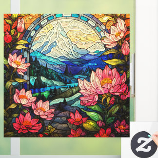 Vinilos Para Cristales Mountains n Pink Rhododendrons Faux Stained Glass 