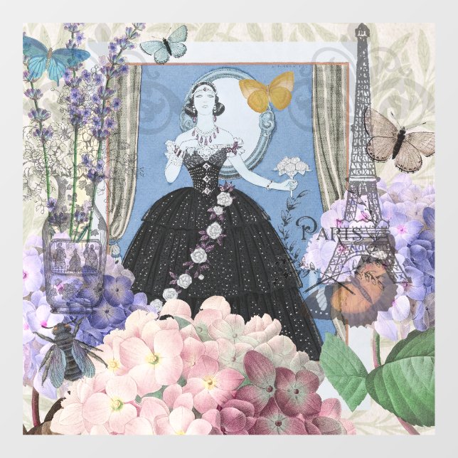 Vinilos Para Cristales Mujer elegante azul vestido floral elegante (Hoja)