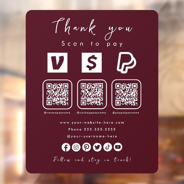 Vinilos Para Cristales Multi QR Código Paypal Venmo Cash App Burgundy (Hoja 2)