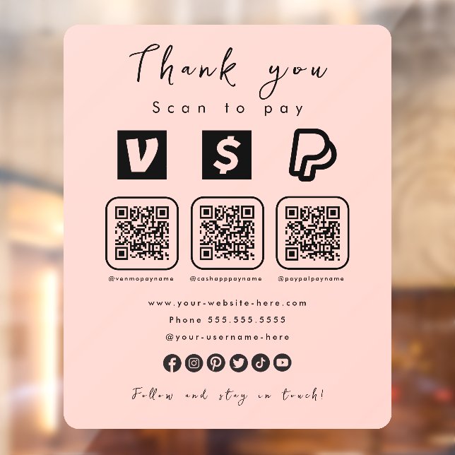 Vinilos Para Cristales Multi QR Código Paypal Venmo Cash App Pink moderno (Hoja 2)