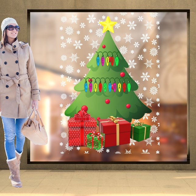 Vinilos Para Cristales Navidades Árbol de Nieve Presenta Vinyl de tienda  (Christmas Snow Tree Presents Home Storefront Vinyl Window Cling)