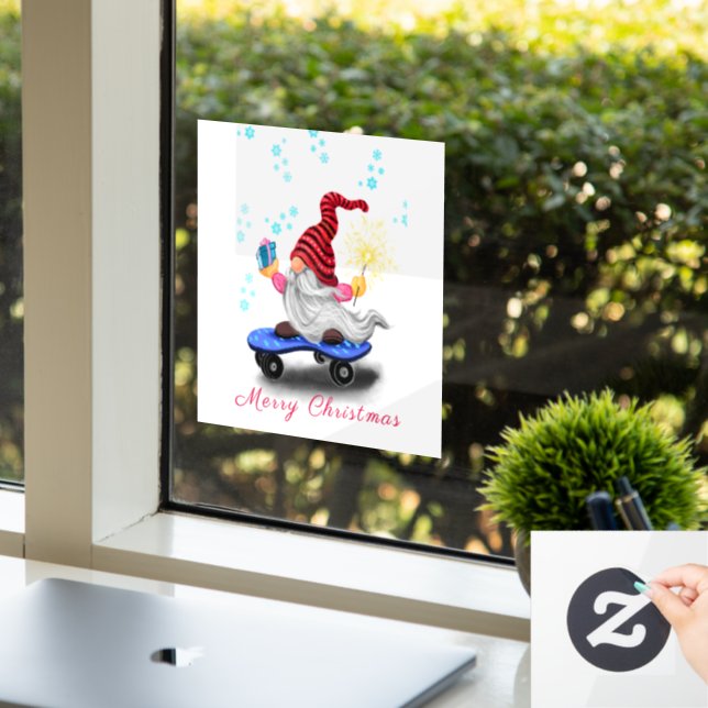 Vinilos Para Cristales Navidades Ventana Cling Skater Gnome con regalos (Oficina)