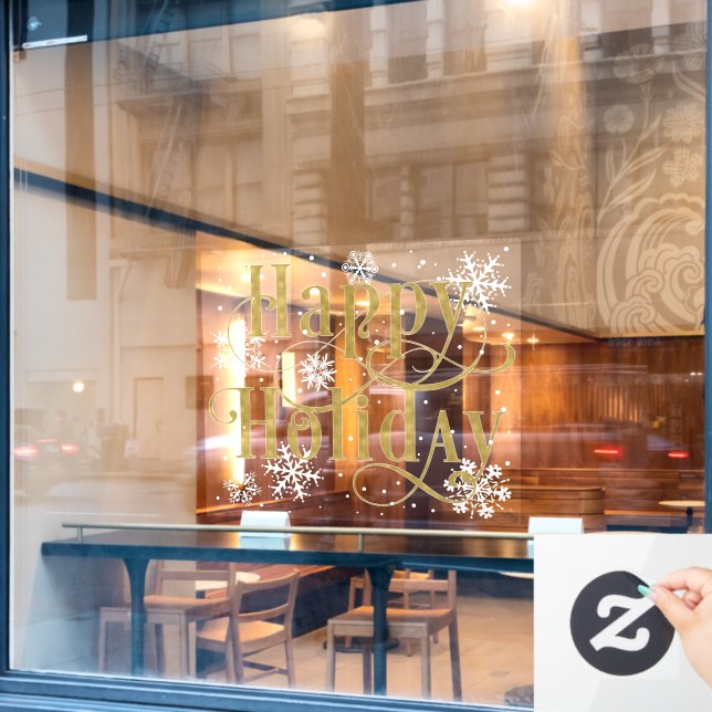 Vinilos Para Cristales Oro de copos de nieve Feliz feriado, abdominales d (Ventana de cafetería)