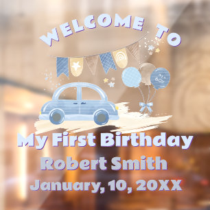 Vinilos Para Cristales  Pastel Blue Car with Balloons First Birthday