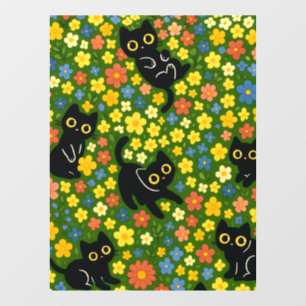 Vinilos Para Cristales Patrón de prado floral con gatos negros lindos