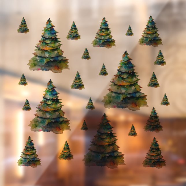 Vinilos Para Cristales Patrón festivo de árboles navideños acuarela (Hoja 2)
