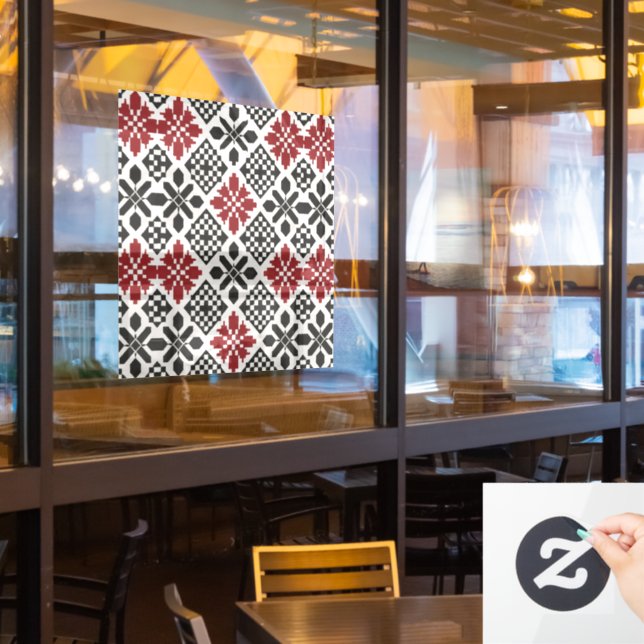 Vinilos Para Cristales Patrón folclórico geométrico keffiyeh blanco rojo (ventana del restaurante)
