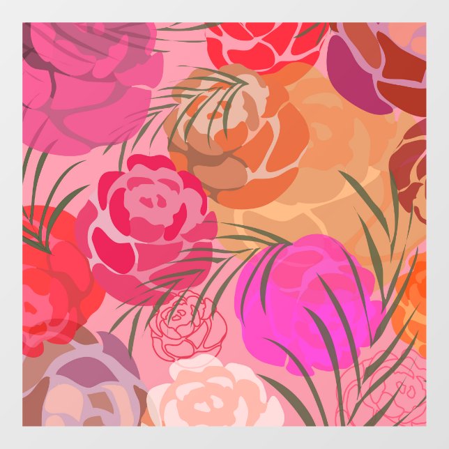 Vinilos Para Cristales Patrón rosa con flores y plantas (Hoja)