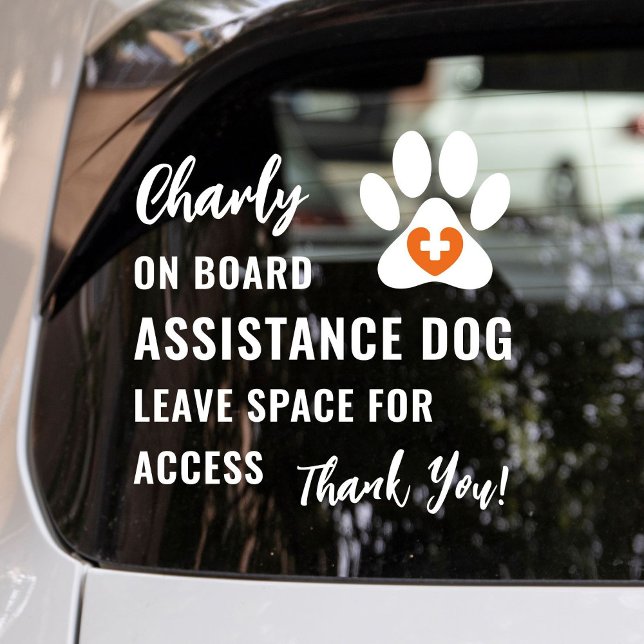 Vinilos Para Cristales Perro de asistencia a bordo Naranja Coche de símbo (Service dog, emotional support dog or therapy dog on board car window cling with orange medical logo)